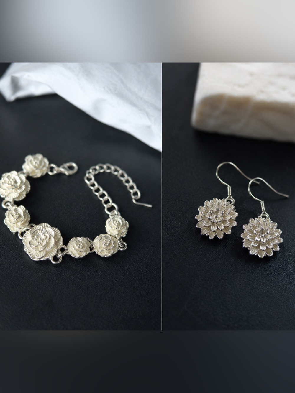 Floral Link Silver-Tone Bracelet with Matching Earrings - Silver